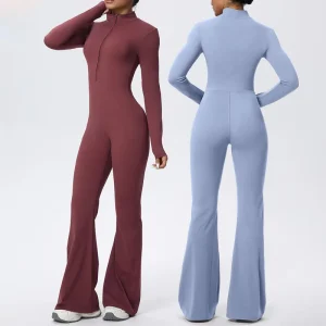Women’s High Stretch Yoga Jumpsuit Zip up Long Sleeves Flared Pants Bodysuit Gym Running Workout Sportswear