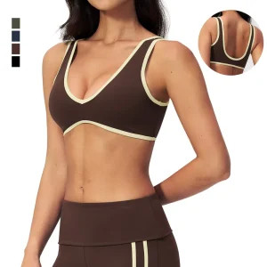 Women’s High Support Lightweight Sport Bra Deep V Neck Backless Yoga Top Removable Pads Convertible Straps Contrast Stitch Gym