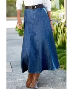 Women’s High Waist A-Line Maxi Denim Skirt Blue Vintage Jean Skirt with Flared Hem High-Rise Waistband & Durable Denim Fabric
