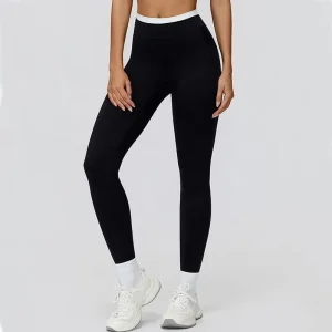 Women’s High Waist Ankle-Length Yoga Leggings Ribbed Color Blocking Seamless Sweat-Wicking Four-Way Stretch Breathable