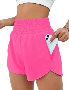 Women’s High Waist Athletic Shorts Neon Pink Quick Dry Eco-Friendly with Zipper Pockets Loose Fit for Gym Workout