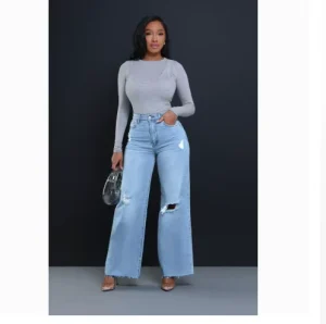 Women’s High Waist Baggy Wide Leg Ripped Hole Jeans Vintage Y2K Loose Straight Denim Pants Casual Streetwear