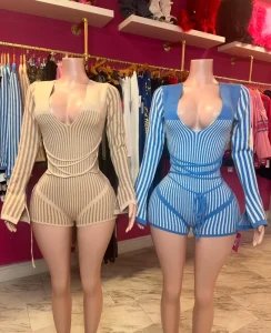 Women’s High Waist Bandage Playsuits Knit Stripe Hipster V Neck Panelled Full Sleeve Skinny Rompers Breathable Above Knee Length