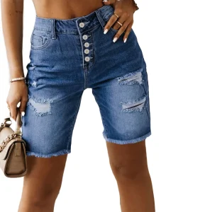 Women’s High Waist Boyfriend Washed Stretch Denim Shorts Summer Casual Hot Pants Side Pockets Plus Size Comfortable Skinni Fit