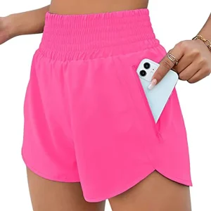 Women’s High Waist Breathable Quick Dry Plus Size Gym Workout Shorts Sexy Sport Elastic Side Pockets Customized Logo Bottoms