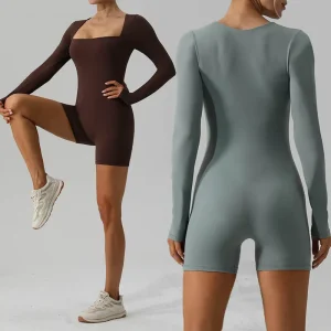 Women’s High Waist Butt Lift Gym Romper Deep U Neck Long Sleeve Fitness Yoga Jumpsuit Formal Style Playsuit