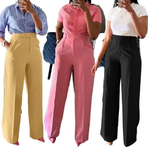 Women’s High Waist Button Decorated Office Pants Straight Wide Leg Casual Trousers Breathable Anti-Wrinkle Solid Color Spring
