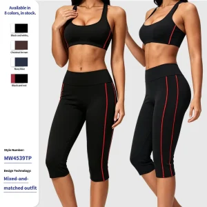 Women’s High Waist Capri Leggings & Racerback Sports Bra Yoga Set Contrast Red Stripes Workout Outfit Low MOQ