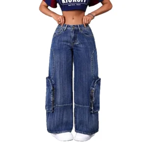 Women’s High Waist Casual Cargo Jeans Multi-Pocket Denim Spring Quick Dry Regular Fit Overalls