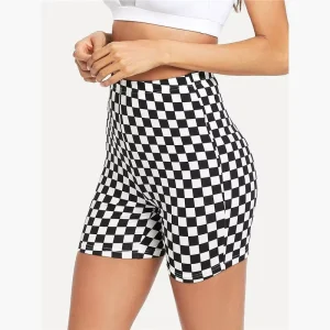 Women’s High Waist Check Biker Shorts Custom Logo Two Piece Set Baseball Shorts with High Quality Custom Logo