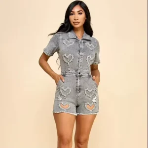 Women’s High-Waist Denim Romper Heart Cutouts Button-Front Short Sleeves Washed Technique Cute Sexy for Casual Summer Hangouts