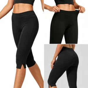 Women’s High Waist Elastic Capri Yoga Leggings with Side Slit 4 Way Stretch Breathable Solid Knee Length Nylon Spandex Low MOQ