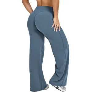 Women’s High Waist Elastic Seamless Solid Yoga Scrunch Bum Pants Casual Trousers Stretch Flare Legging Polyester Nylon Anti UV