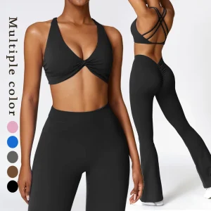 Women’s High Waist Elastic Yoga Activewear V Cut Flared Leggings and Workout Bra Sets for Women