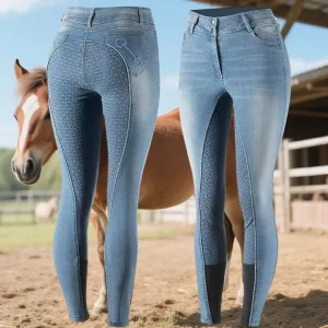 Women’s High Waist Equestrian Denim Horse Riding Stretch Knee Patch Competition Breeches Full Seat Silicone Polyester Spandex