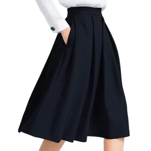 Women’s High Waist Flared Skirt Pleated Midi Skirt with Pocket