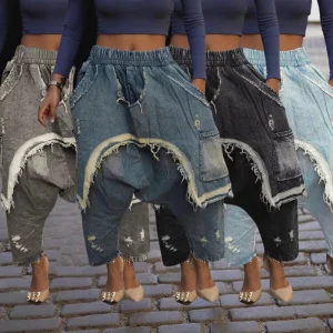 Women’s High Waist Hollow Out Drop Crotch Harem Pants Breathable Denim Old Sanding Hole Jeans