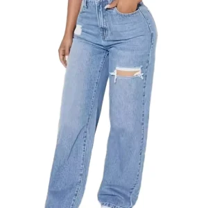 Women’s High Waist Light Wash Denim Jeans Casual Summer Straight Leg Pants Solid Pattern Breathable Loose Fit