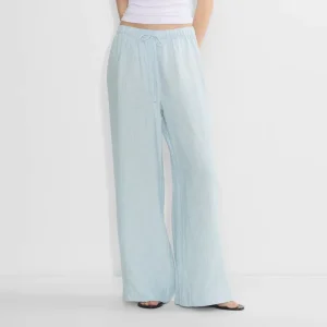 Women’s High Waist Linen Pants Mid-Waist Wide Leg Flare Style Plain Color Drawstring Straight Trousers