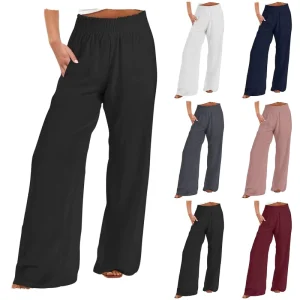 Women’s High Waist Loose Casual Pants for Spring and Summer Solid Color Breathable Washed Technique Nonwoven Weaving Method