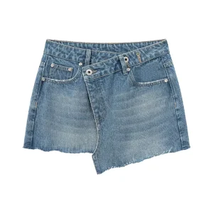 Women’s High Waist Loose Solid Vintage Washed Casual Summer Mini Skirt with Pocket Denim 100% Cotton Material Variants Available