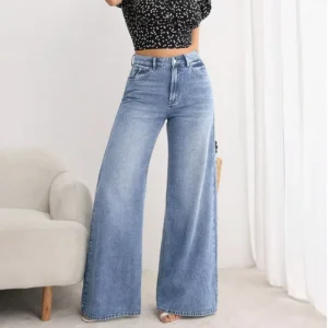 Women’s High Waist Loose Straight-leg Denim Jeans Eco-Friendly Breathable Patchwork Vintage Casual Blue Washed OEM