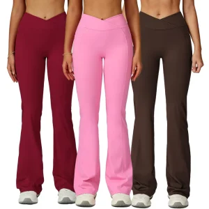 Women’s High Waist Naked Flared Leggings Cross Waist Wide Feet Micro-Stretch Outdoor Casual Sports Pants