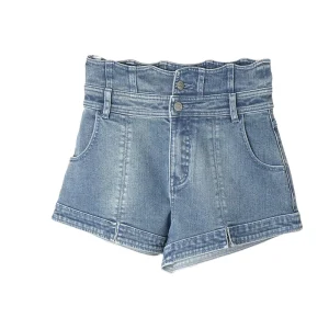 Women’s High Waist Paperbag Denim Shorts Double Button A Line Rolled Hem Hot Pants