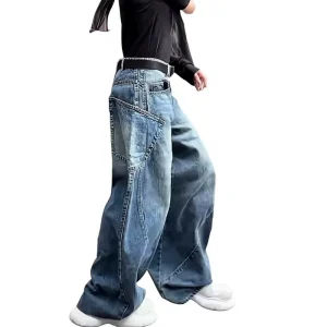 Women’s High Waist Pleated Loose Wide Leg Denim Jeans Streetwear Washable Large Size All-match Chemical Wash Spring