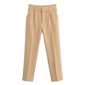 Women’s High Waist Pleated Slim Fit Dress Pants Khaki Straight Skinny Harem Pants Casual Pants