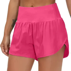 Women’s High Waist Quick Dry Athletic Workout With Mesh Liner Zipper Pocket Polyester Gym Shorts