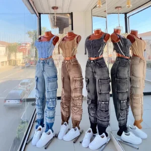 Women’s High Waist Quick Dry Cargo Jeans Denim Long Pants Multi-Pocket Wide Leg