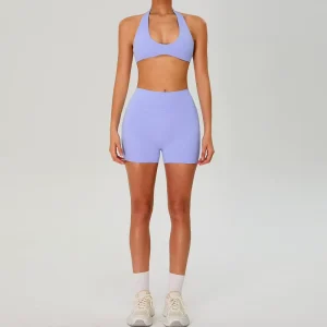 Women’s High Waist Quick Dry Halter Neck Sports Bra and Non-Front Seam Running Biker Shorts Gym Workout Set for Women Elastic