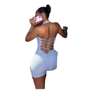 Women’s High Waist Quick Drying Romper With Peach Hip Jumpsuit Knitted Yoga Pants Hollow Decoration Skinny Fit for Summer