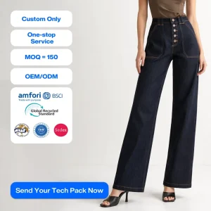Women’s High Waist Raw Denim Wide Leg Jeans Button Front Baggy Black Jeans Casual Fashion Trousers OEM ODM