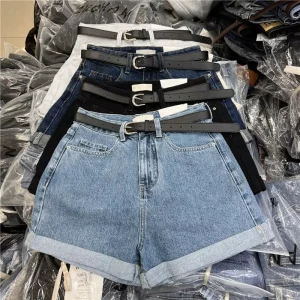 Women’s High Waist Rolled Hem Eco Friendly Denim Shorts Casual Loose Fit A Line Wide Leg with Belt for Summer Streetwear