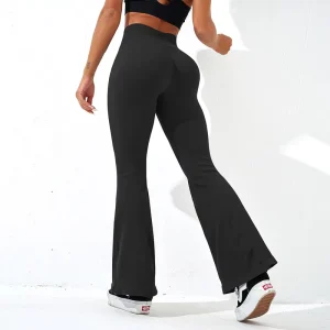 Women’s High Waist Seamless Ribbed Plaid Fitness Leggings Breathable Scrunch Bum Flare Yoga Pants Drawstring Closure