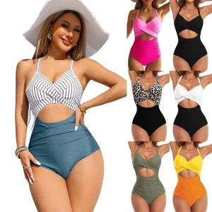 Women’s High Waist Sensual Full Body Coverage Bikini Cross Border Sporty Chic Beach Swimsuit Design Swimming Wear for Women