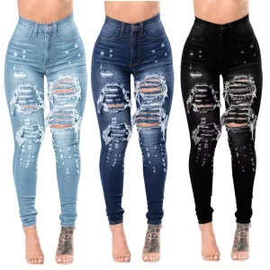 Women’s High Waist Skinny Jeans Distressed Ripped Denim Pants for Casual Street & Daily Wear