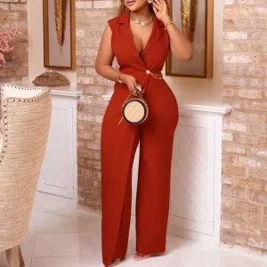 Women’s High Waist Sleeveless Full Length Elegant Summer Loose Jumpsuit with Turn-down Collar in Polyester Spandex