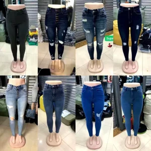 Women’s High Waist Straight Breathable Light Wash Distressed & Solid Stretch Denim Jeans Casual Slim Fit