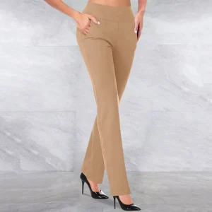 Women’s High Waist Straight Leg Pants with Pockets Stretchy Casual Work Pants Comfortable Business Trousers for Office