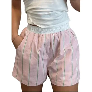 Women’s High Waist Summer Casual Shorts Embroidered Pattern Contrast Color Stitching Striped Loose Pocket Button Closure