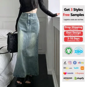 Women’s High Waist Summer Denim Skirt Solid Color Loose Half-Body Fishtail Design Asymmetric Jeans Skirt