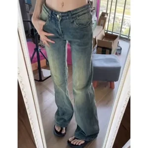 Women’s High Waist Vintage Snow Wash Custom Embroidered Straight Floral Denim Jeans Skinny Stretch 100% Cotton Breathable Quick