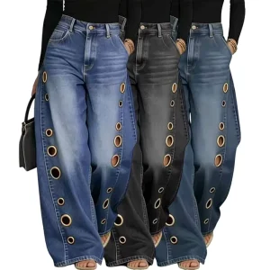 Women’s High Waist Wide Leg Jeans Blue Denim Gold Eyelet Cutout Decor Loose Fit Streetwear Casual Y2K Denim Trousers