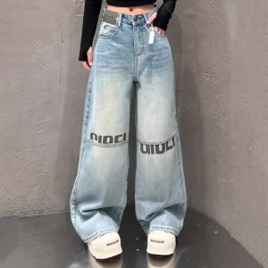Women’s High Waist Wide Leg Jeans Light Blue Washed Denim Pants with Letter Print Casual Baggy Streetwear Trousers