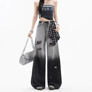 Women’s High Waist Wide Leg Plaid Ribbon Jeans New Summer Design with Hole