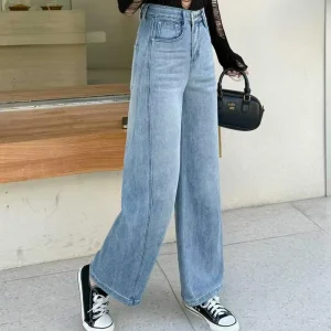 Women’s High Waist Wide Leg Solid Vintage Breathable Denim Jeans with Button Detail for Summer