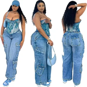 Women’s High Waist Wide Leg Work Pants Multi Pocket Zipper Design Jeans Summer Clothes Random